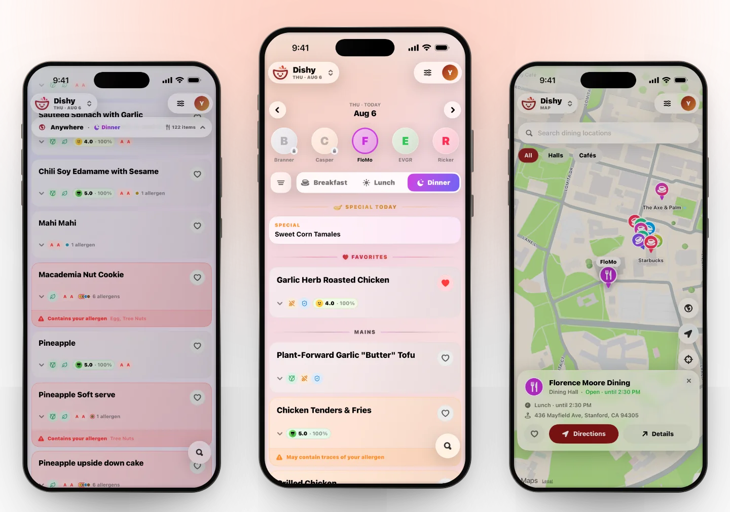 Dishy on iPhone: a day’s menu with today’s special and favorites, a list with allergen warnings on the dish, and the campus map with a dining hall’s hours and directions.