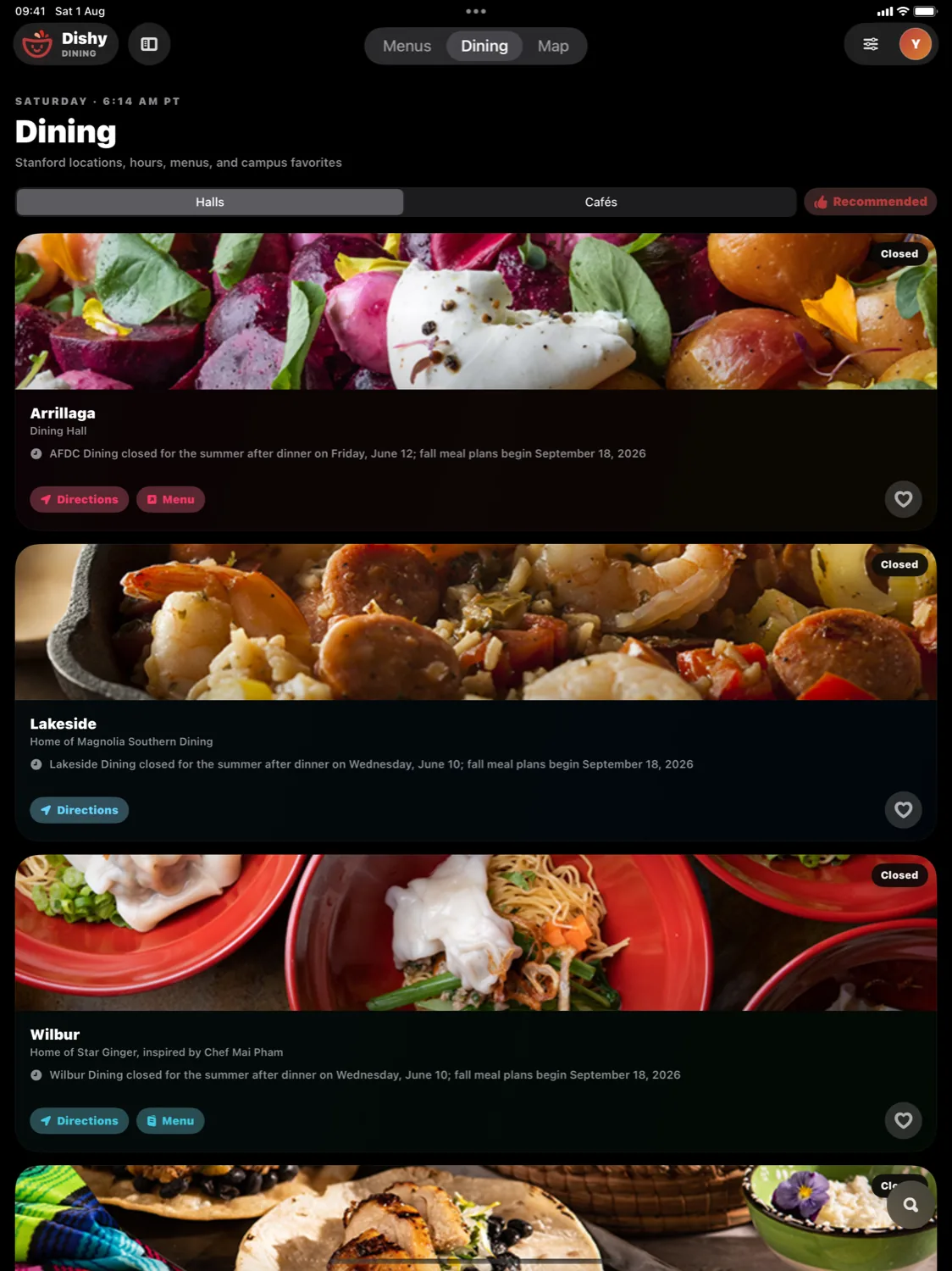 Dishy on iPad, with its own top tab bar