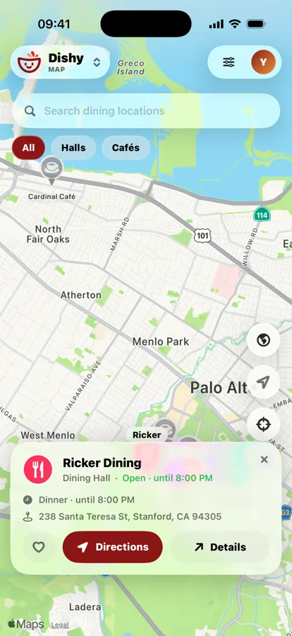 Dishy campus map with a dining hall card open