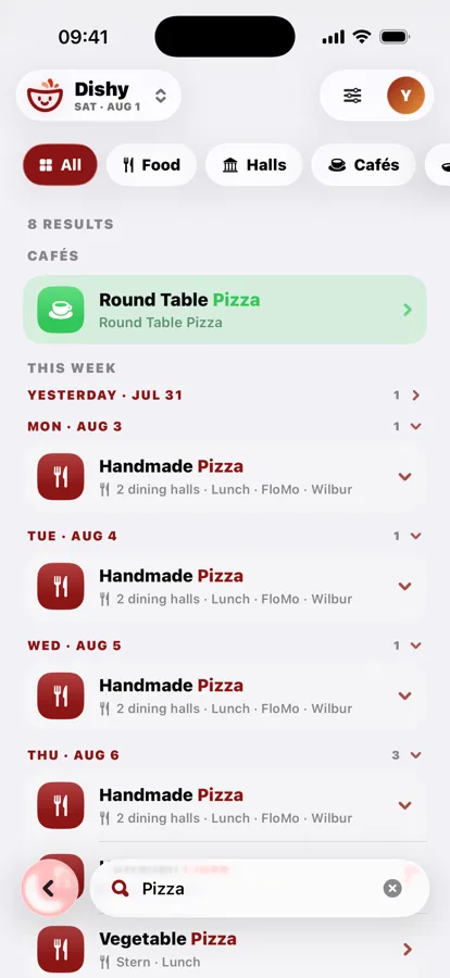 Dishy search results on iPhone 17 Pro